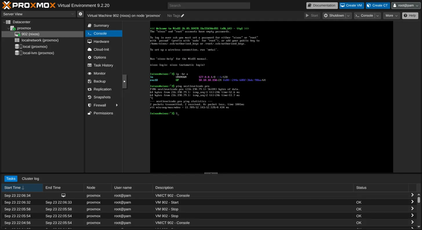 Console da VM NixOS no Proxmox mostrando o IP 10.10.10.150 e um ping para nextlevelcode.pro sem perda de pacotes