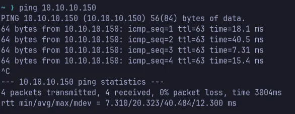 Ping do notebook para a VM no IP 10.10.10.150, com 4 pacotes transmitidos e 0% de perda